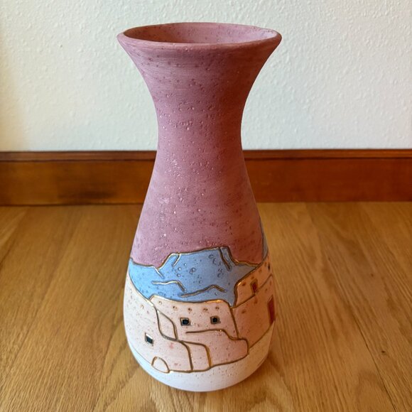 Signed Numbered Vera Russell Handmade Vase Pink Blue Mountains Pueblos Desert - Picture 7 of 12